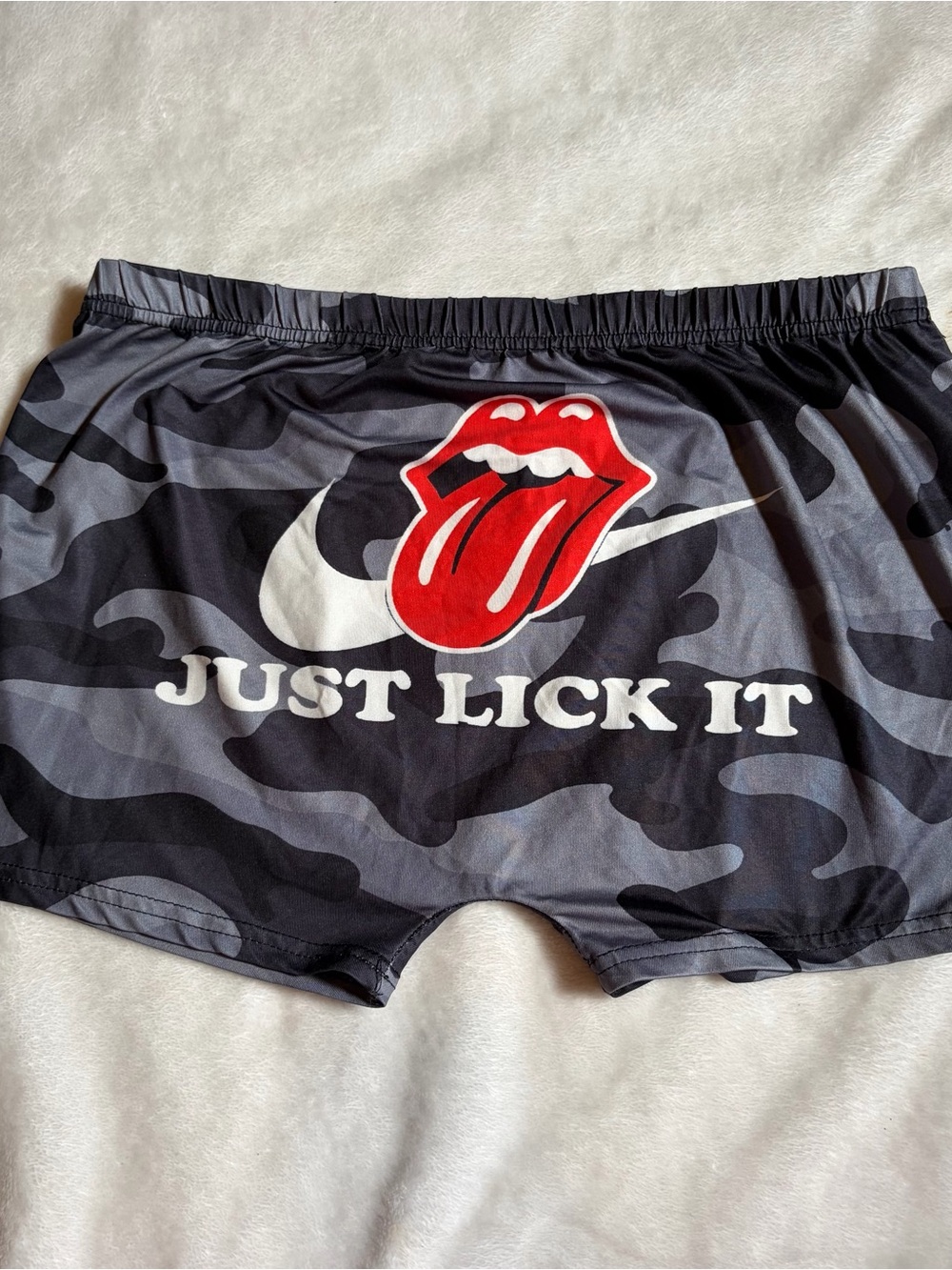 Nike Black & Gray Camo Shorts with Red Tongue Rolling Stones Just Lick It